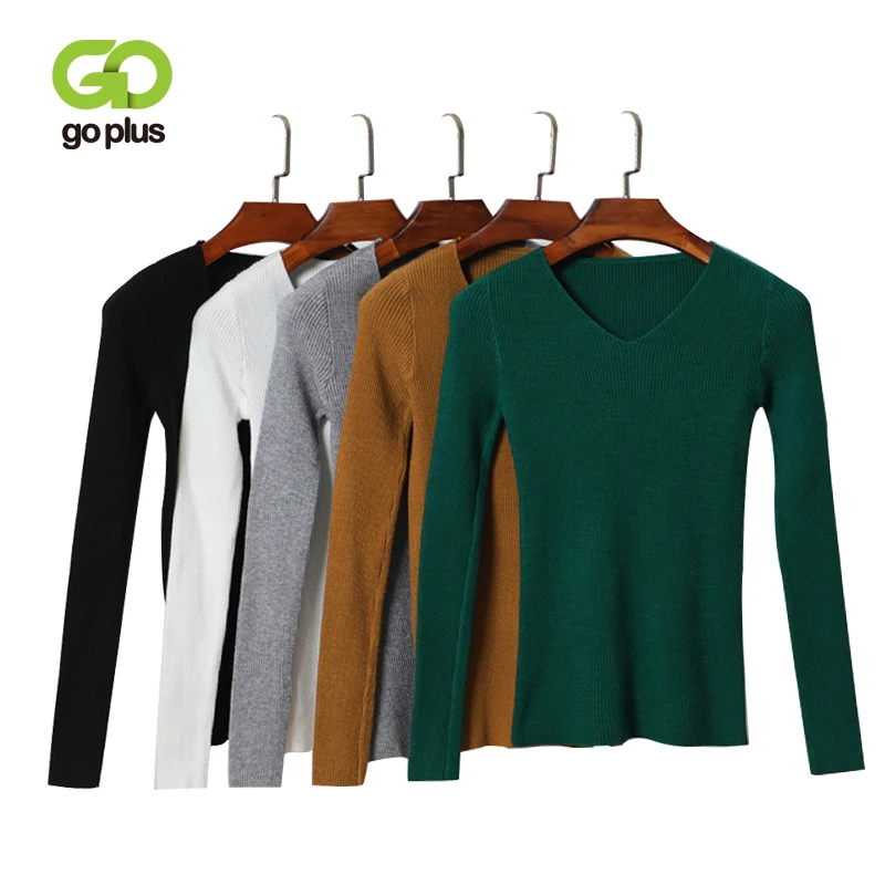 

GOPLUS Autumn Winter Women's knitted Sweater V neck Slim Warm Soft Women's Sweaters Pullover Casual Clothing Female