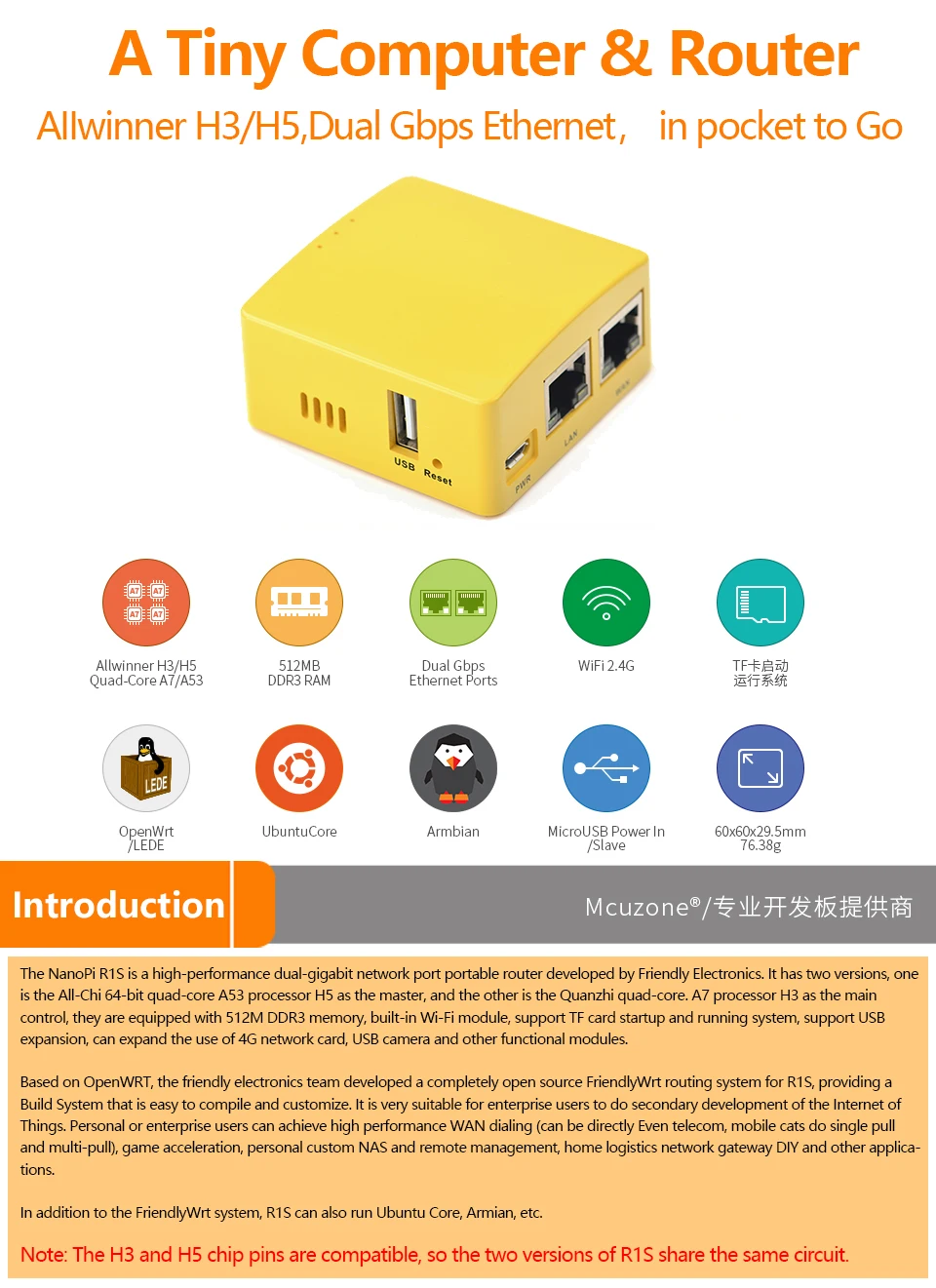 FriendlyELEC NanoPi R1S Малый путь, все-в-одном H3/H5 двойной гигабитный Ethernet порт 512 М памяти OpenWRT, легко носить с собой