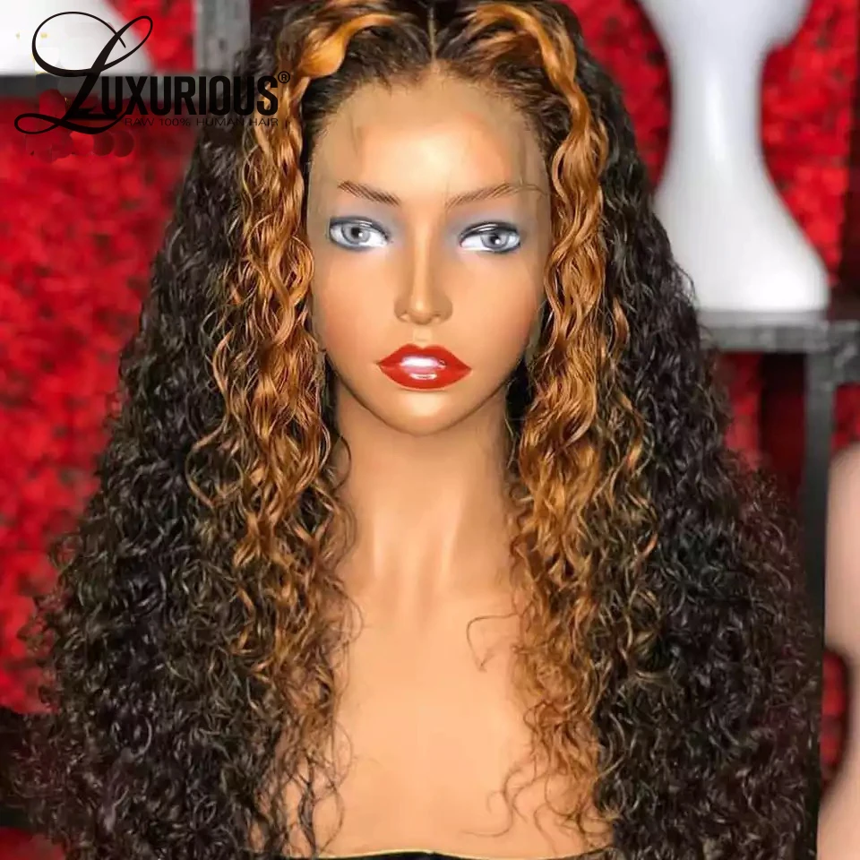 Honey Blonde Curly Lace Front Wig Ombre Highlight Colored 13x6
