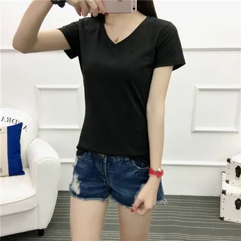 

2020 new solid color loose cotton casual V-neck short-sleeved T-shirt women