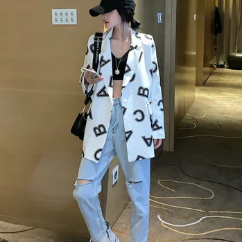 

2020 New Lettered Printed Blazer Women Casual Outfit Office Lady Jacket Summer New Slim Mid-Length Coat Female korea clothing