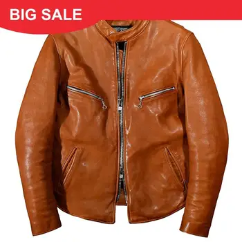 

2020 Brown Men Autumn Slim Fit Biker's Leather Jacket Size XXL Genuine Sheepskin Russian Motorcycle Leather Coat FREE SHIPPING