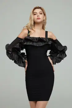 

Winter Fashion Sexy Long Sleeve Cascading Ruffle Square Collar Black Bandage Dress 2019 Rayon Elegant Designer Party Dress