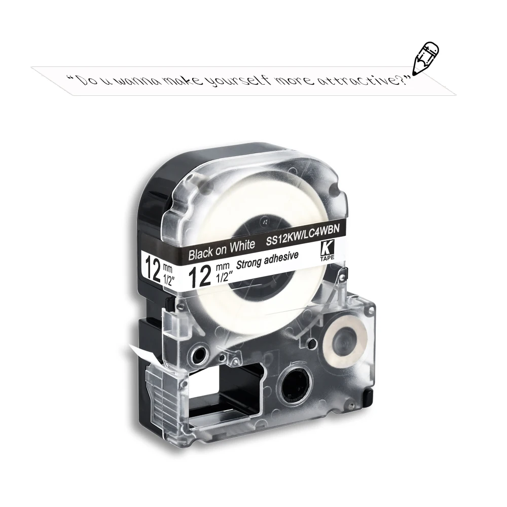 엡손 라벨 테이프 12mm 블랙 화이트 SS12KW LC4WBN 리본 카세트 테이프 KingJim 라벨 메이커 LW-300 LW400Epson 라벨 프린터 용