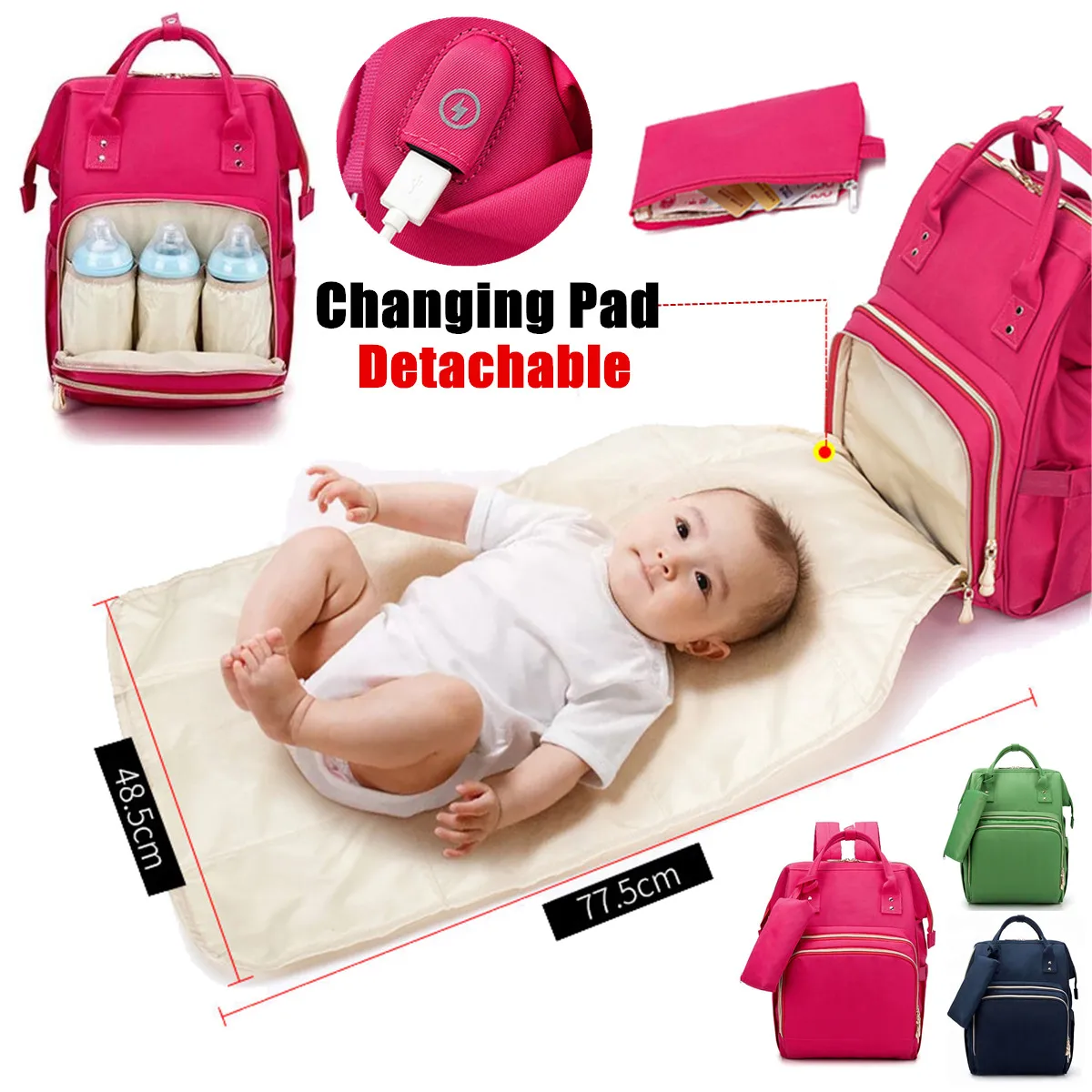 

Mummy Backpack with Nappy Changing Pad Zipper USB Travel Maternity Bag Diaper Baby Bag Multifunction Nursing Bag for Baby Care