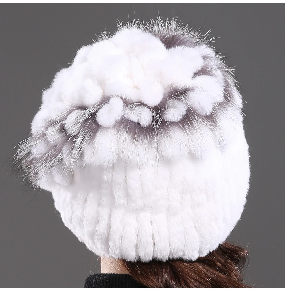 Стиль женский Настоящий мех кролика Skullies шапки Роскошные вязаные цветы натуральная шапка из меха кролика рекс зимние натуральный мех шапочки