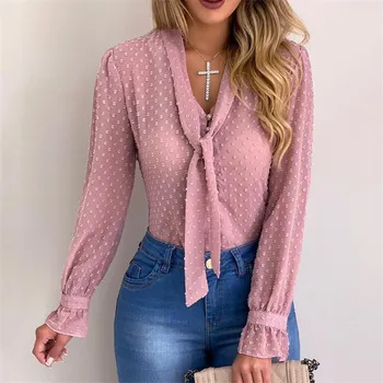 

Womens Tops and Blouses Elegant Long Sleeve OL Shirt Ladies V Neck Polka Dot blusa feminina Party Transparent Classic Streetwear
