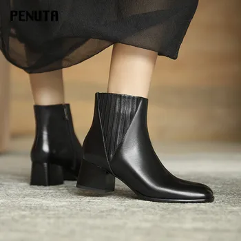 

2020 Western Boots Genuine Leather Women's Winter Shoes Chunky High Heel Ladies Ankle Booties New Designer Botas De Mujer D0127