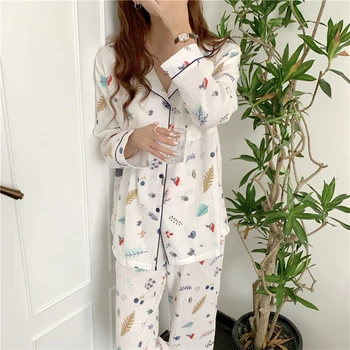 

spring autumn leaves cherry pajamas set women sleepwear 2 piece set cotton home suit white shirts loose pants pijamas soft Y149
