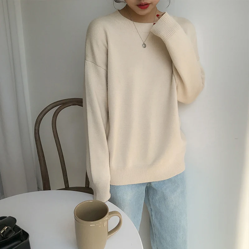 White Basic Knit O-Neck Jumpers Women Sweater Casual Loose Winter Long Sleeve Sweater Women Pullovers Streetwear 2 orders - Цвет: White