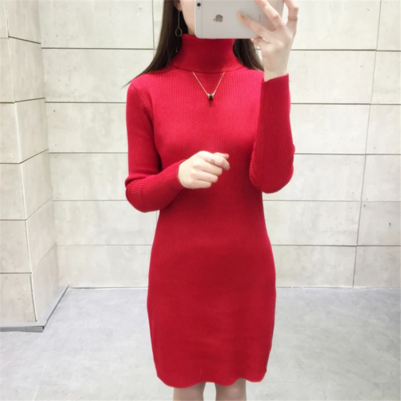 2020 Spring Sweater Fashion Autumn Winter Mid-length Pullover New Knitted Dress  Bottoming Shirt Package Hip Turtleneck Sweater