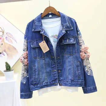 

2020 Spring Autumn Vintage Loose Denim Jacket Women Embroidery 3D Flowers Casual Jeans Jacket Ladies Basic Outerwear Streetwear