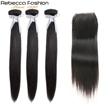 

Rebecca Indian Straight Hair 3 Bundles With Closure Remy Human Hair Weave 8 To 28 Inch Bundles With 4x4 Lace Closure