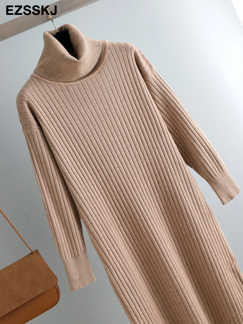 Autumn Winter Long highneck straight sweater Dress Women Casual oversize Sweater Dresses maix THICK basic Knit Dress t shirt dress