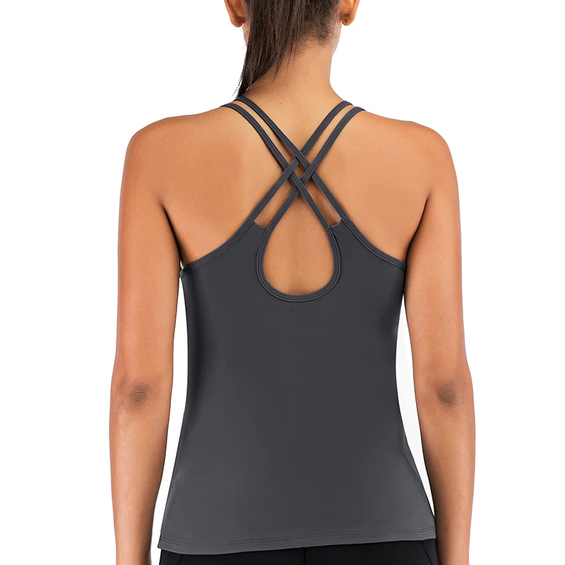 LEOQ Sexy Hollow Backless Solid Gym Crop Tops Women Yoga Vest Sports Workout Profession Padded Cross Fitness Athletic Shirts