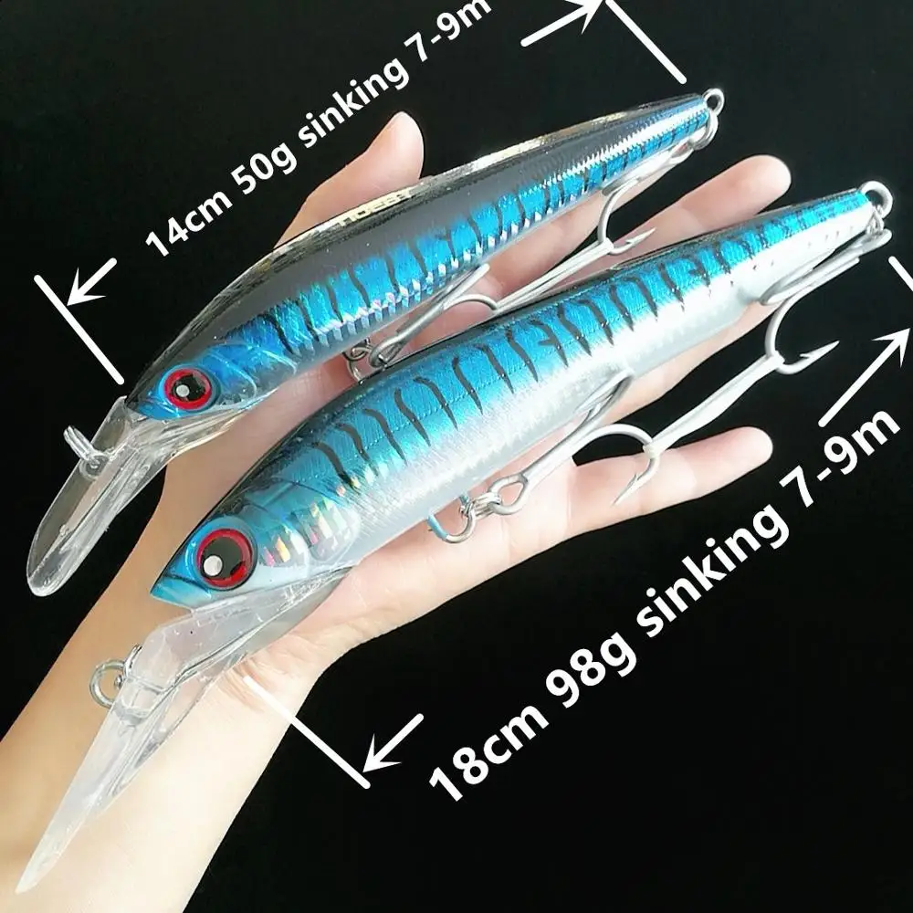 

Noeby 1pc Minnow Lure 18cm 98g 14cm 50g sinking 7-9m Trolling Fishing Lures Artificial Bait Wobbler of Minnow Hard Lure