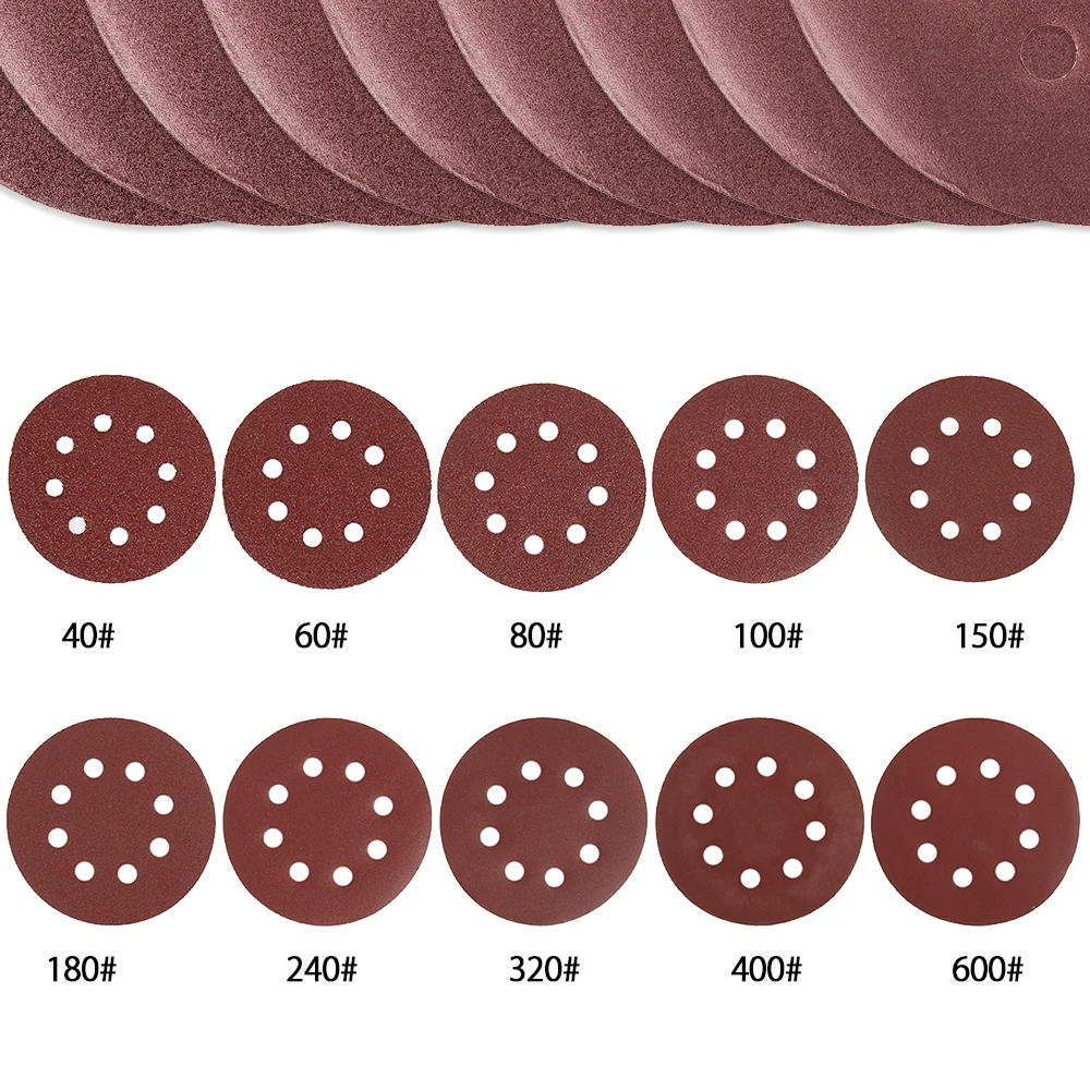 100 шт 5 дюймов 125 мм круглая наждачная бумага восемь отверстий диск песок листы Зернистость 40-600 крюк и петля шлифовальный диск абразивные материалы для полировки