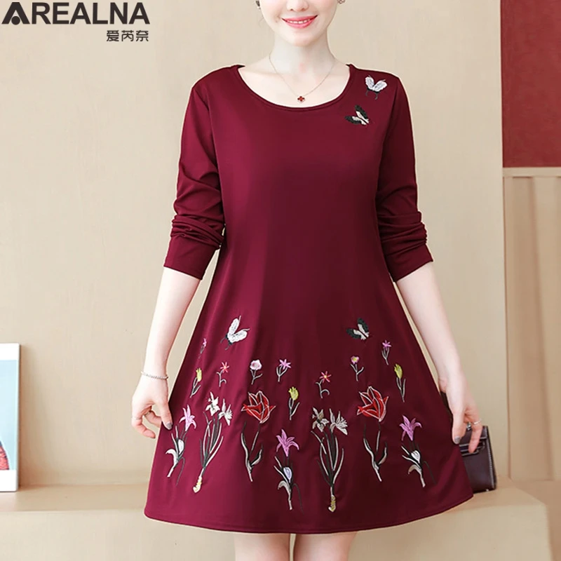 

Women vintage floral embroidery dress autumn plus size casual loose long sleeve red black shirt dress winter ladies dresses 5XL