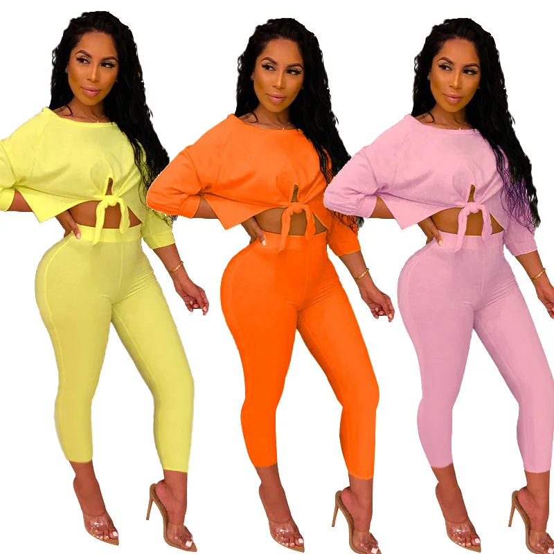 

2020 Autumn Women Suit European and American Hot Selling Sexy Bow Navel Set Casual Solid Color Two-Piece Set