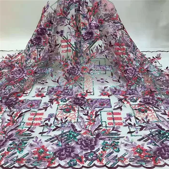 

2020 African Net Lace Fabric, High Quality Red Sequins Nigerian Wedding Lace Fabrics 5Yards Sequins French Tulle lace