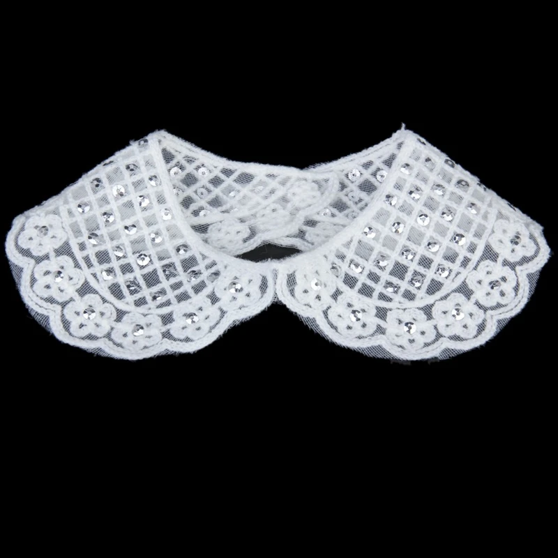 Вязание крючком Sequinned цветок декольте Воротник платье/футболка украшения-белый