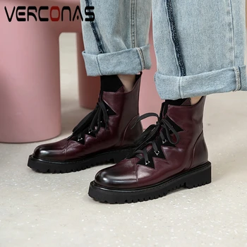 

VERCONAS Casual Concise Ankle Boots For Women Autumn Winter Platforms Shoes Woman Lace-Up Genuine Leather Outdoor Basic Boots