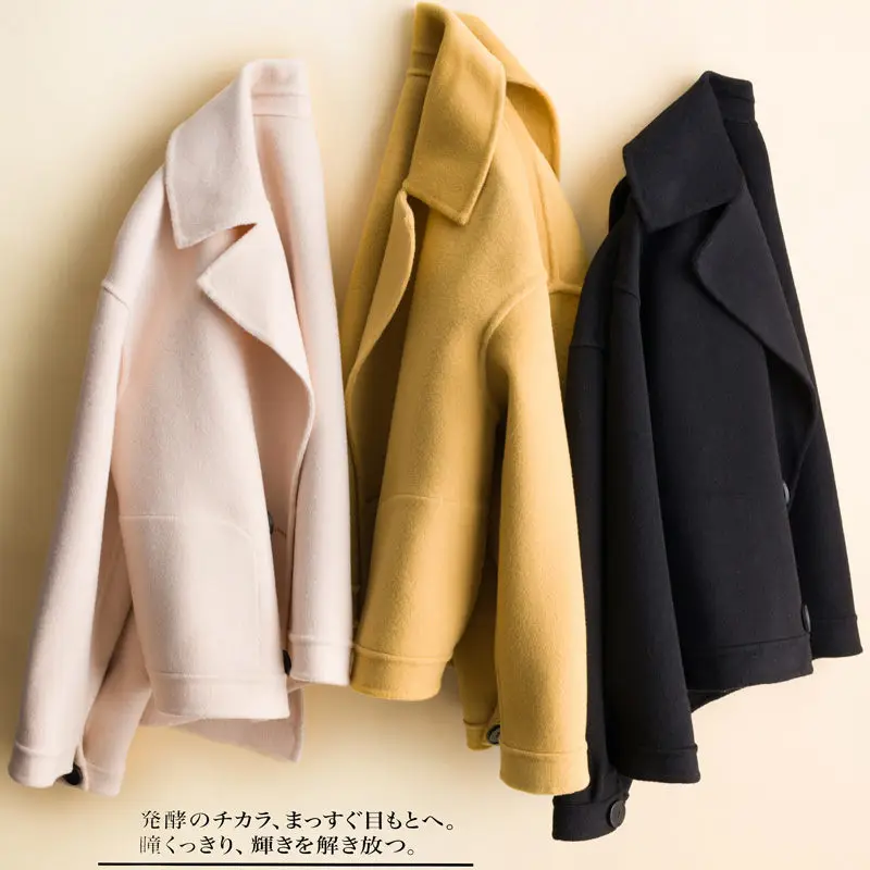Тяжелое однотонное короткое двустороннее кашемировое пальто женское шерстяные пальто Свободное чистое шерстяное пальто Повседневная зимняя куртка для офисных леди
