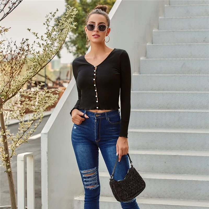 New Women's Black Long-sleeved Shirt V-neck Slim Button Cardigan Lotus Lace Cropped Short T-shirt Autumn Sexy Lady Party Wear