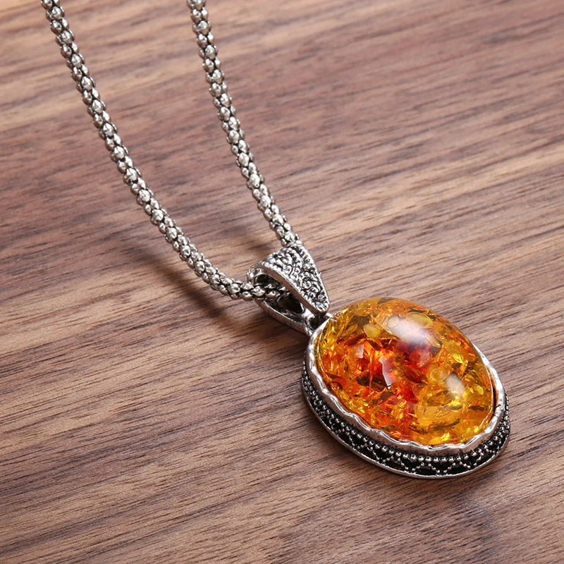 Kinel Luxury Simulated Ambers Necklace For Women Tibetan Silver Oval Flower Pendant Ethnic Wedding Boho Jewelry - Image 4