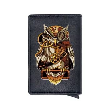

Vintage Steampunk Owl Design Black Digital Printing Card Holder Wallet Men Women Leather Charm Short Money Bag Gift