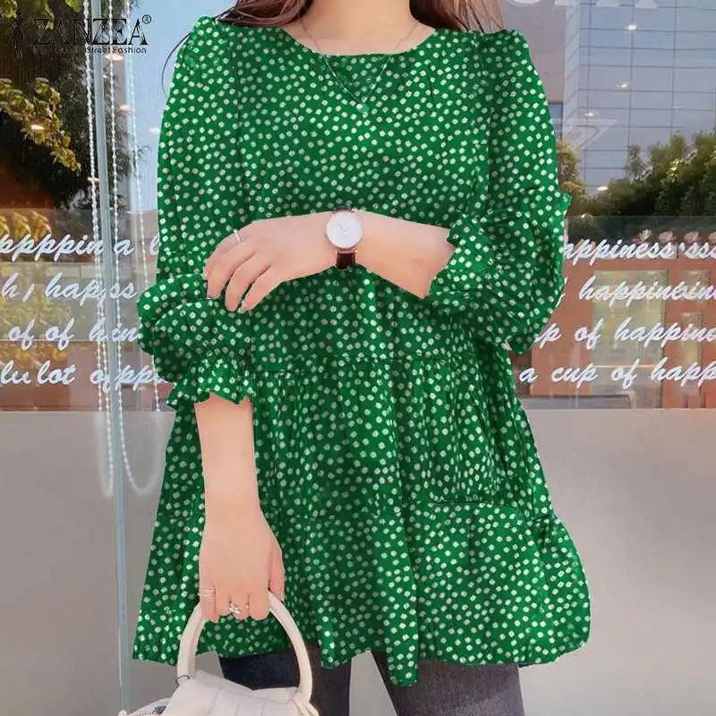 2022 Autumn Womens Print Blouse ZANZEA Retro Polka Dot Blusa Casual ...