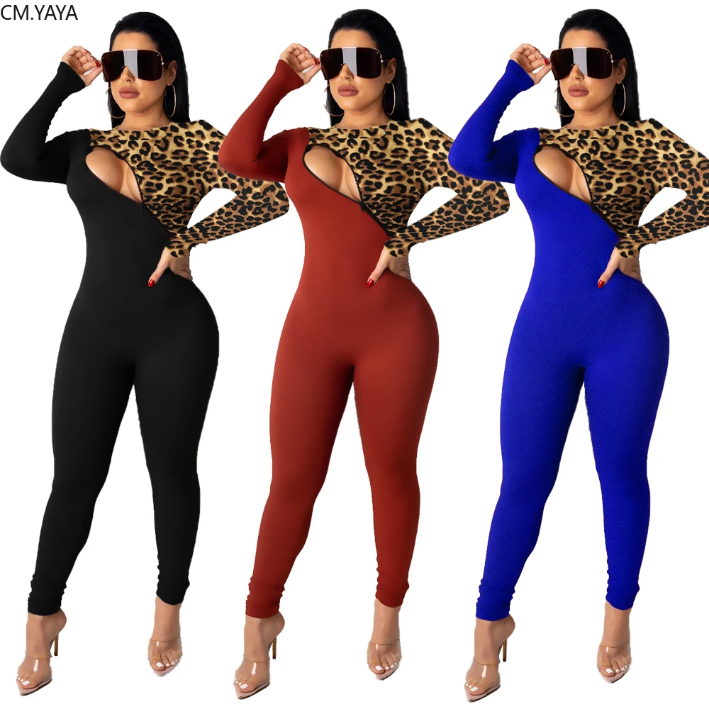 Winter Women Spring Jumpsuits Leopard Patchwork Zipper Full Sleeve Outfits Sexy Rompers Club Night Party Sporty One Piece GL8097 |