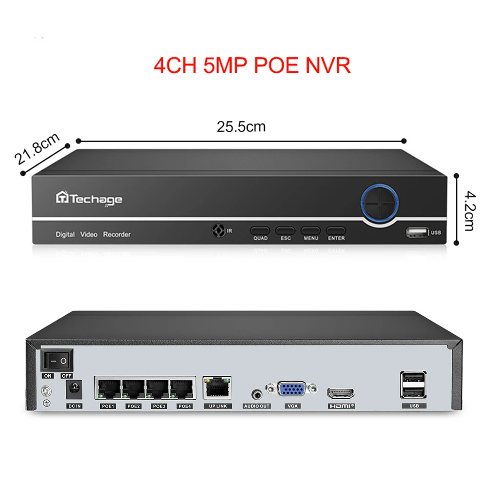 Techage H.265 4CH 8CH 4MP 5MP 1080P POE NVR Audio Out Security Surveillance Network Video Recorder Up to 16CH For POE IP Camera