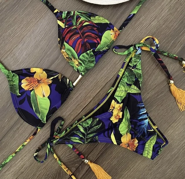 Sexy brazilian bikini set Feather print swimsuit women Bandeau swimwear female Hollow out bathing suit Micro 2 piece suit