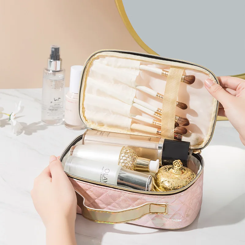 FUDEAM Leather Argyle Portable Women Cosmetic Bag Multifunction Waterproof Travel Storage Organize Handbag Female Makeup Case 6