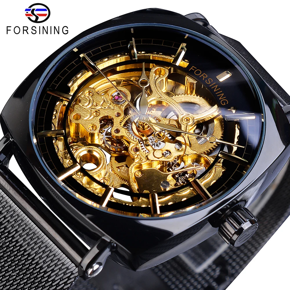 Forsining Top Brand Luxury Man Clock Fashion Mens Watch Casual Waterproof Rose Gold Mesh Skeleton Mechanical Wristwatches - Цвет: W1076-4