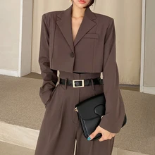 Costume 2 pièces rétro pour femmes de bureau, nouvelle tendance 2022, blazer + pantalon taille haute, jambes larges 