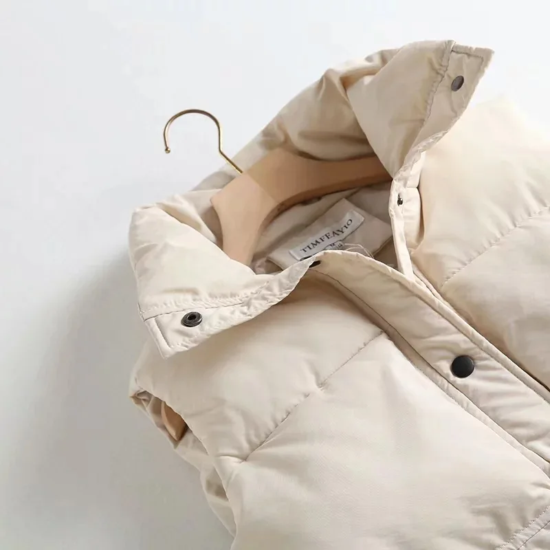 2021 Autumn Winter Women Solid Loose Vest Drawstring Stand Collar Long Vest Jacket  Cotton Padded Women Windproof Warm Waistcoat