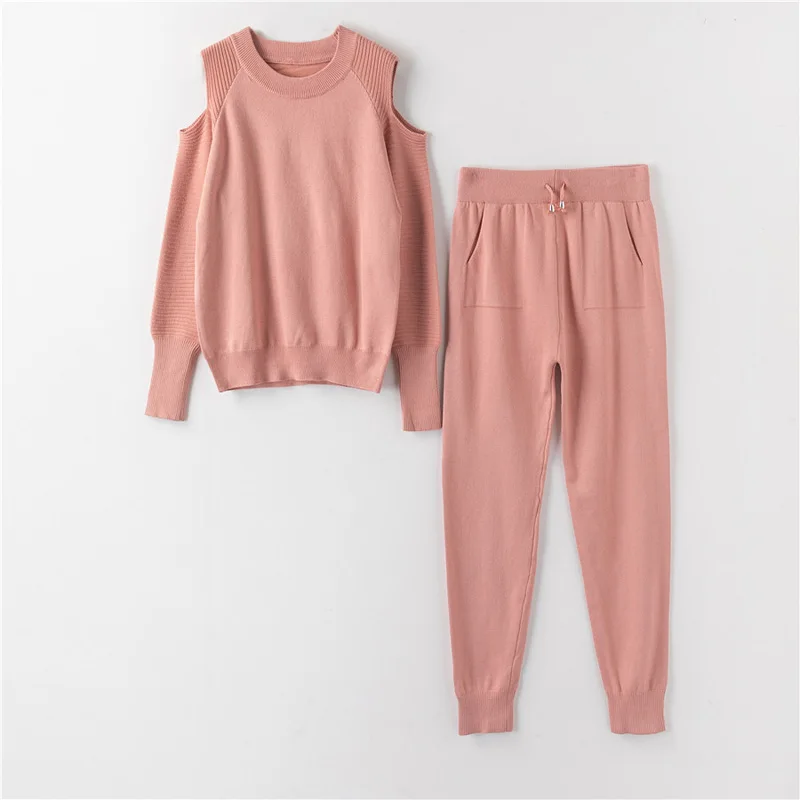 pink knitted suit FORERUN/12 цветов; комплект из двух предметов; вязаный свитер; зимние комплекты с открытыми плечами; топ и брюки; уличная одежда; Conjunto Femenino - Цвет: pink knitted suit