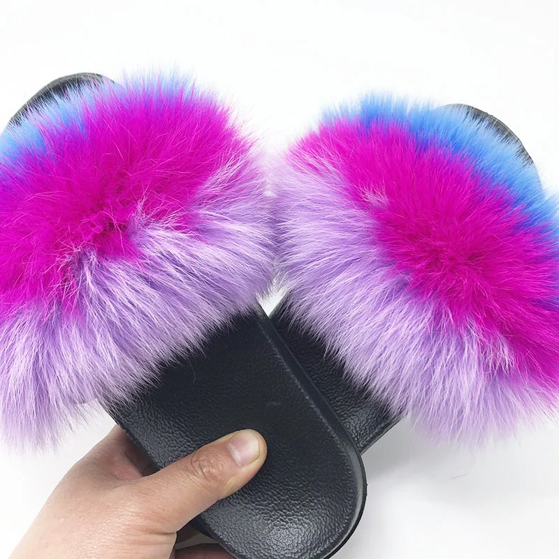 2019 Womens Summer Outdoor Slippers Real Fur Slippers Rainbow Colors Women Slippers Beach Fox Fur Slides,See as pic,10