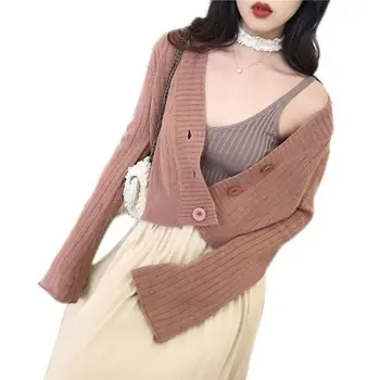 

New Women Sweater Knitted Long-sleeved Short Cardigan Loose Comfortable Thin Button Sexy Sweater