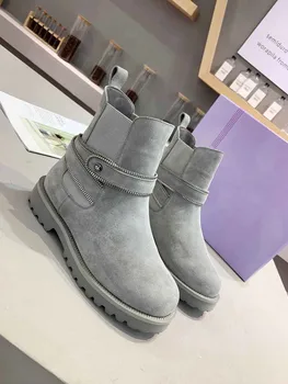 

Snow Boots Women Ankle Boots Wool Inside Zipper Decor Buckle 2020 Winter Luxury Design Genuine Leather Square Low Heels Slip-On