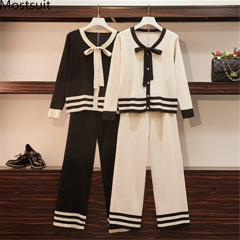 

2019 Autumn Knitted Two Piece Sets Outfits Women Plus Size Bow Cardigan And Wide Leg Pants Suits Elegant Vintage 2 Piece Sets
