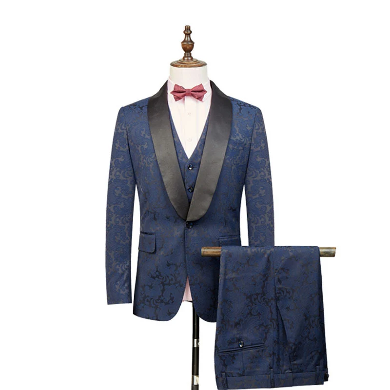 

Blue 3 Piece Men Suits Fashion Floral Pattern Mens Evening Suits 2020 Blazer+Vest+Pants