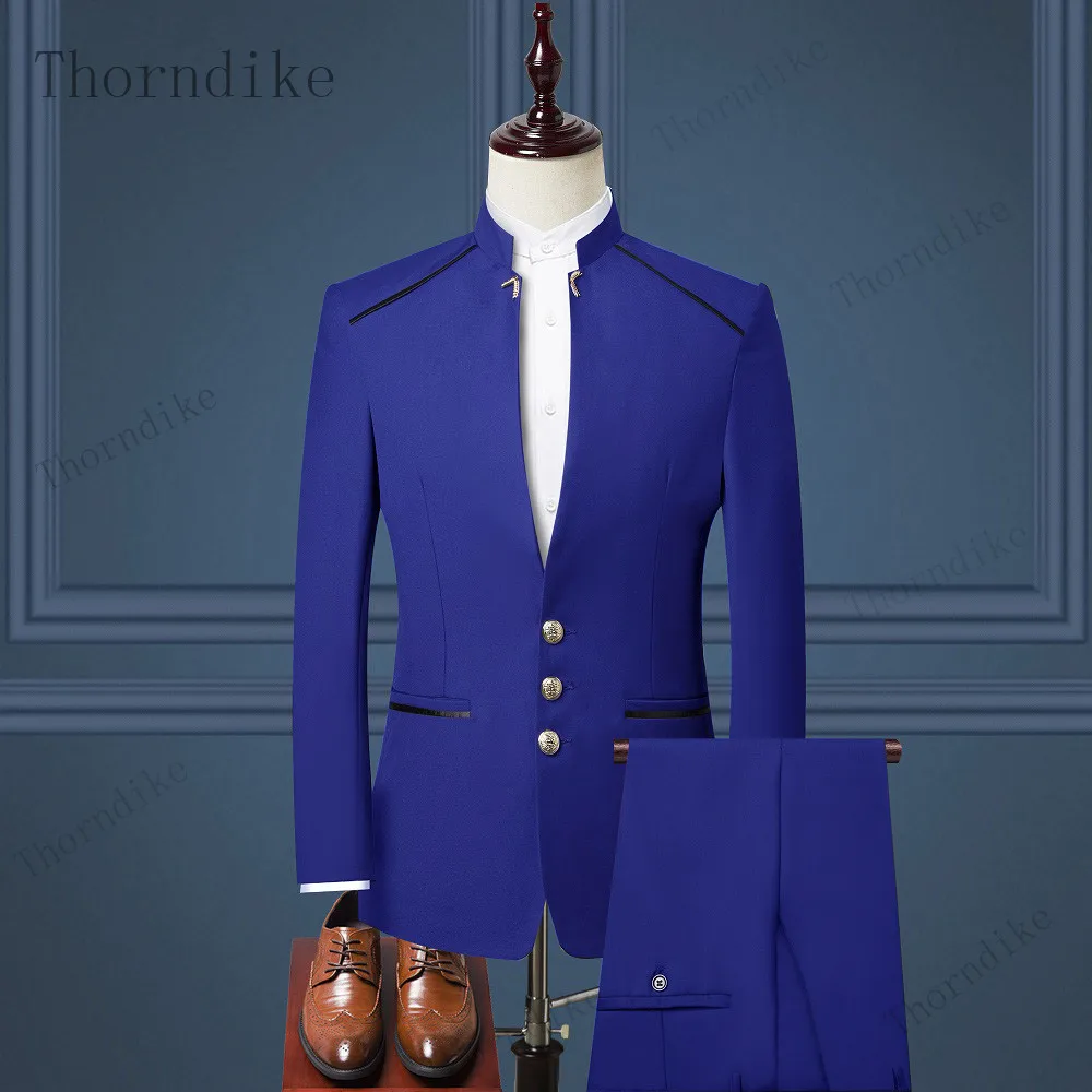 Men Suit Chinese Style Stand Collar Blazer Wedding Groom Set Tuxedo