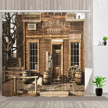 

Western Cowboy Farmhouse Bathroom Shower Curtains, Rustic Wooden Store in Rural Town, Polyester Bath Curtain, Fabric Wood Shower