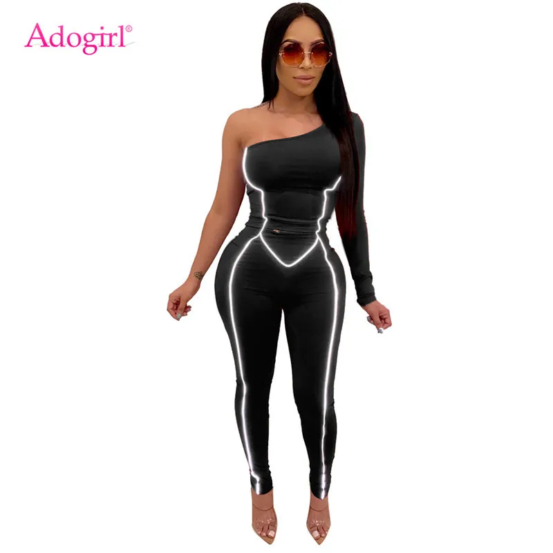 Adogirl Reflective Straps One Shoulder Bandage Jumpsuit Women Sexy Long Sleeve Skinny Romper Night Version Tracksuit Romper Adogirl Reflective Straps One Shoulder Bandage Jumpsuit Women Sexy Long Sleeve Skinny Romper Night Version Tracksuit Romper