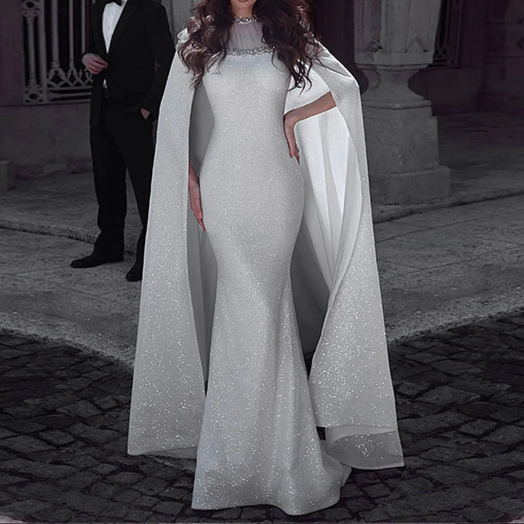 Women Maxi Mermaid Dresses Woman Party Night Gold Silver Luxury Sequin Dress Cloak Elegant Long Dress Sexy Bodycon Party Dress