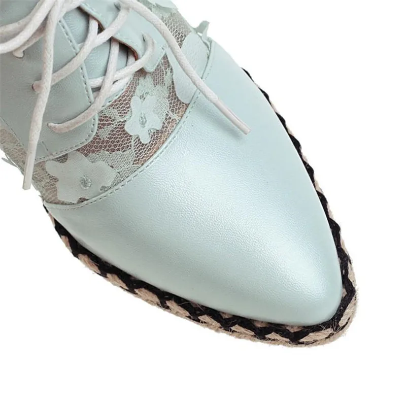 2020 Spring Autumn New Straw Wedge Shoes Women Deep Mouth High Heels Mesh Lace Stitching Lace-Up Pointed Toe Pumps Women's Shoes (12)