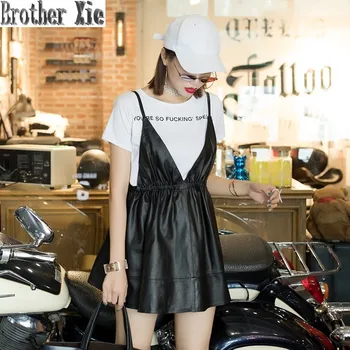 

2020 Spring Designer Women V-Neck Genuine Leather Dress Real Leather Red Black Sleeveless Mini A-Line Dresses Lady Party Clothes